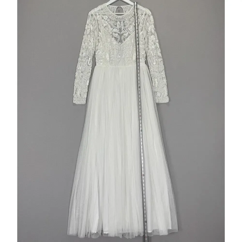 ASOS Bridal Elizabeth Long Sleeve Wedding Dress Womens 8 White Beaded Tulle Gown - Picture 11 of 14